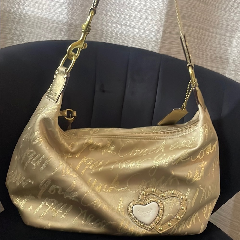 Vintage Coach Gold Shoulder Bag with Heart Detail